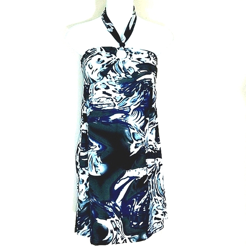 Sundress halter tie abstract leopard floral Print stretch black blue white S